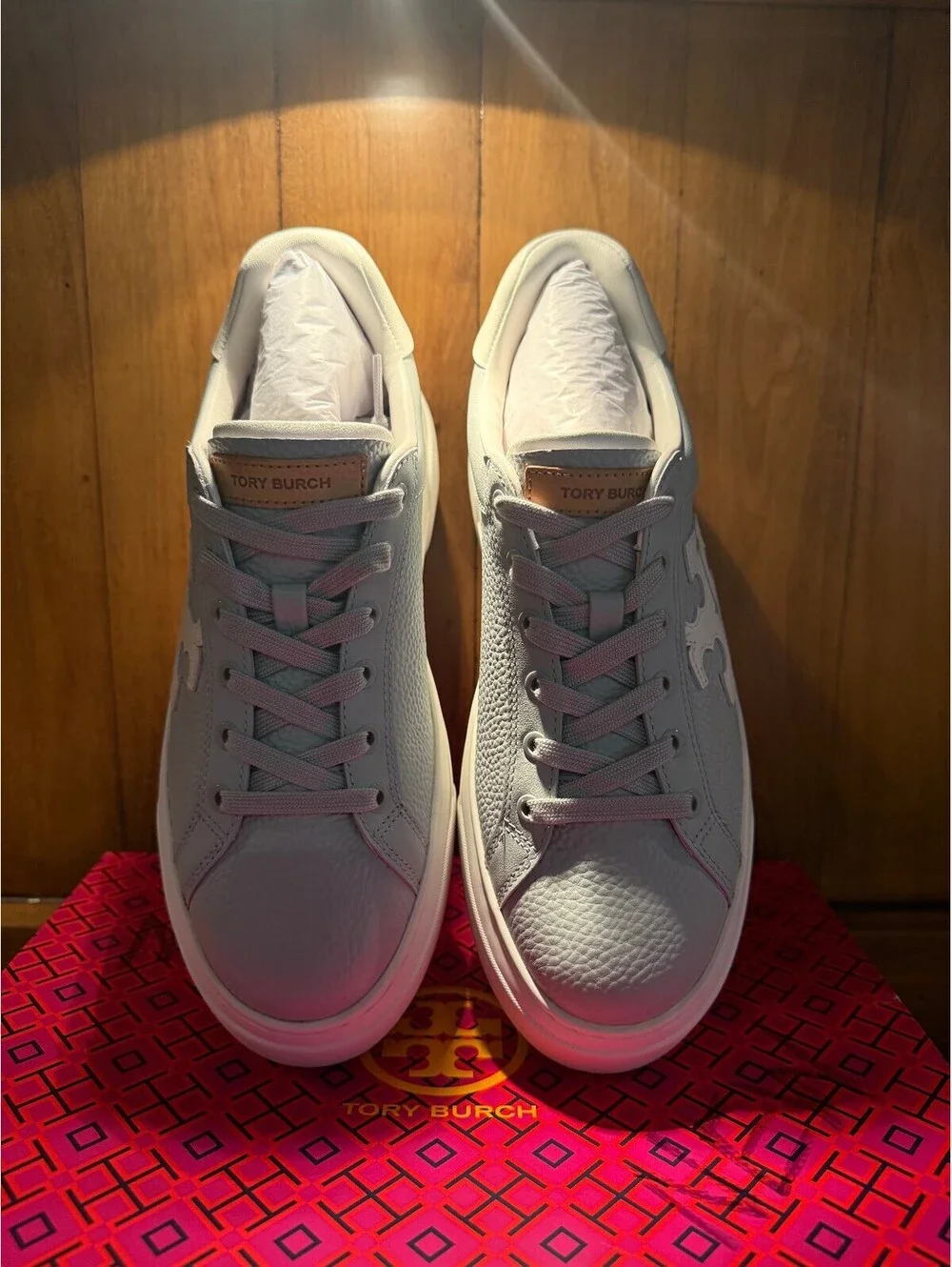 New Tory Burch Platform Sneakers in Light Gray Leather Women's Size 8